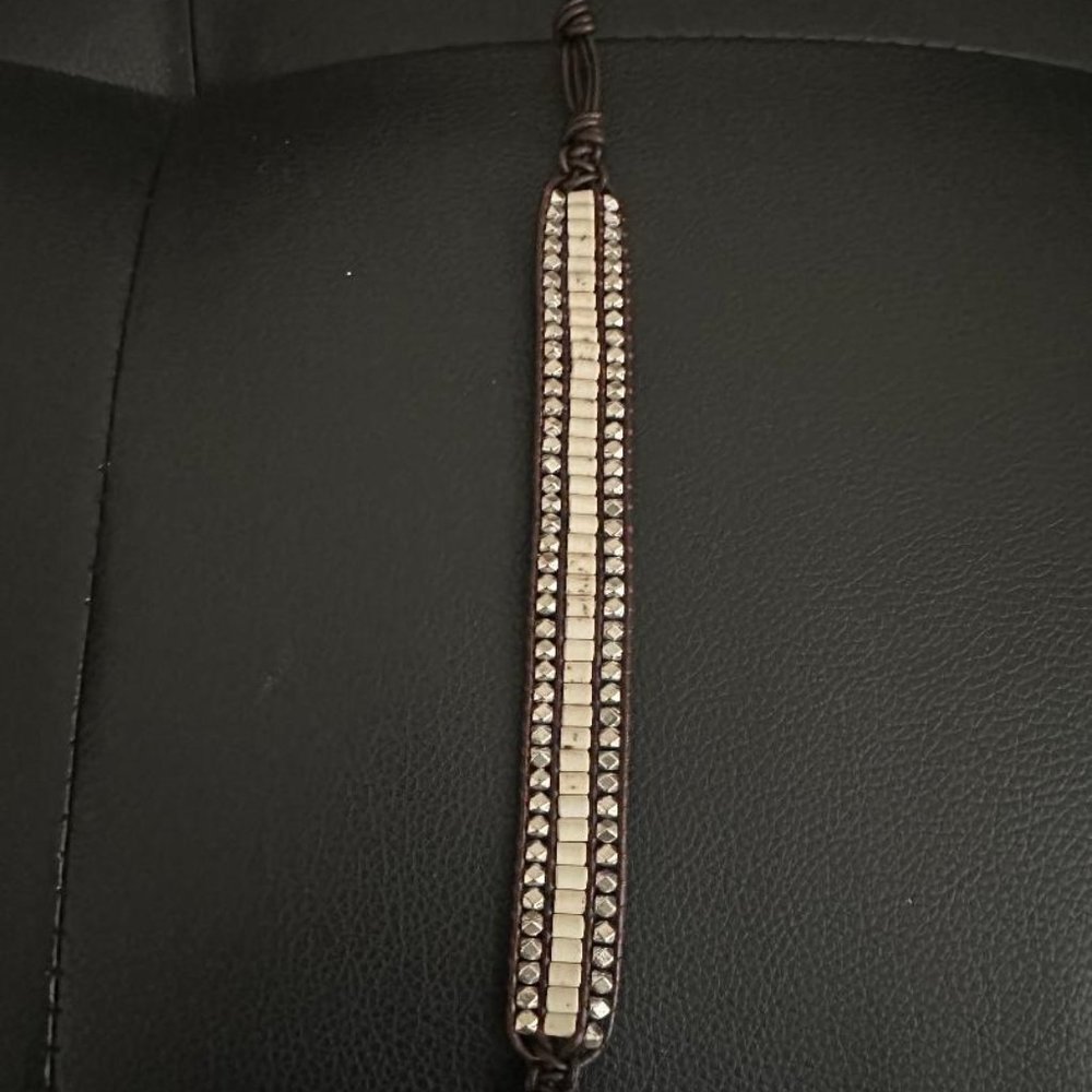 Bella Ryan Randa - White & Silver Beads w/Brown Leather - Single Wrap Bracelet